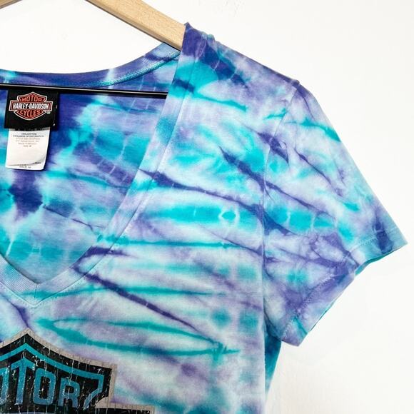HARLEY DAVIDSON WOMEN SHORT SLEEVE BLUE PURPLE TOP SIZE MEDIUM - Picture 3 of 7